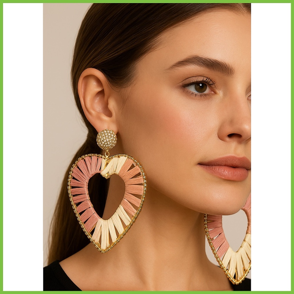 Noir RAFFIA Pink & White Ombré Boho Heart Earring
